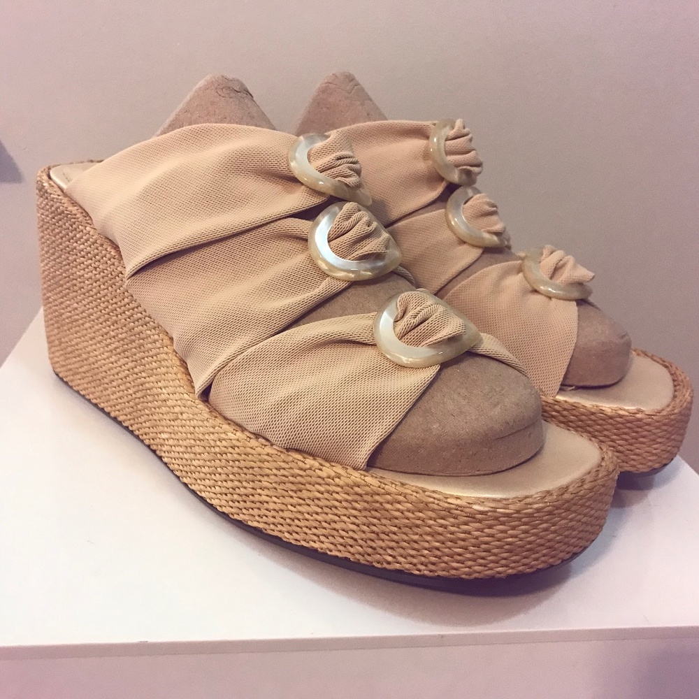 Donald J Pliner cream stretch raffia wedge sandals